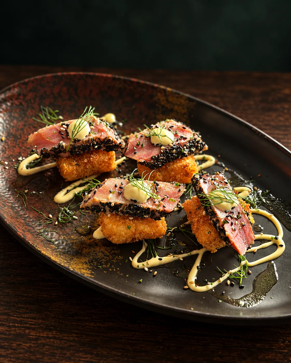 Four sesame-crusted tuna bites on crisp golden bases with sauce and dill